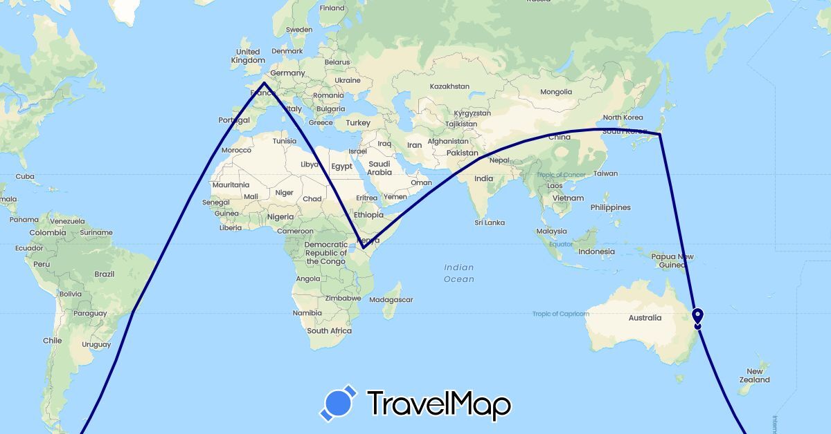 TravelMap itinerary: driving in Australia, Brazil, France, India, Japan, Kenya (Africa, Asia, Europe, Oceania, South America)